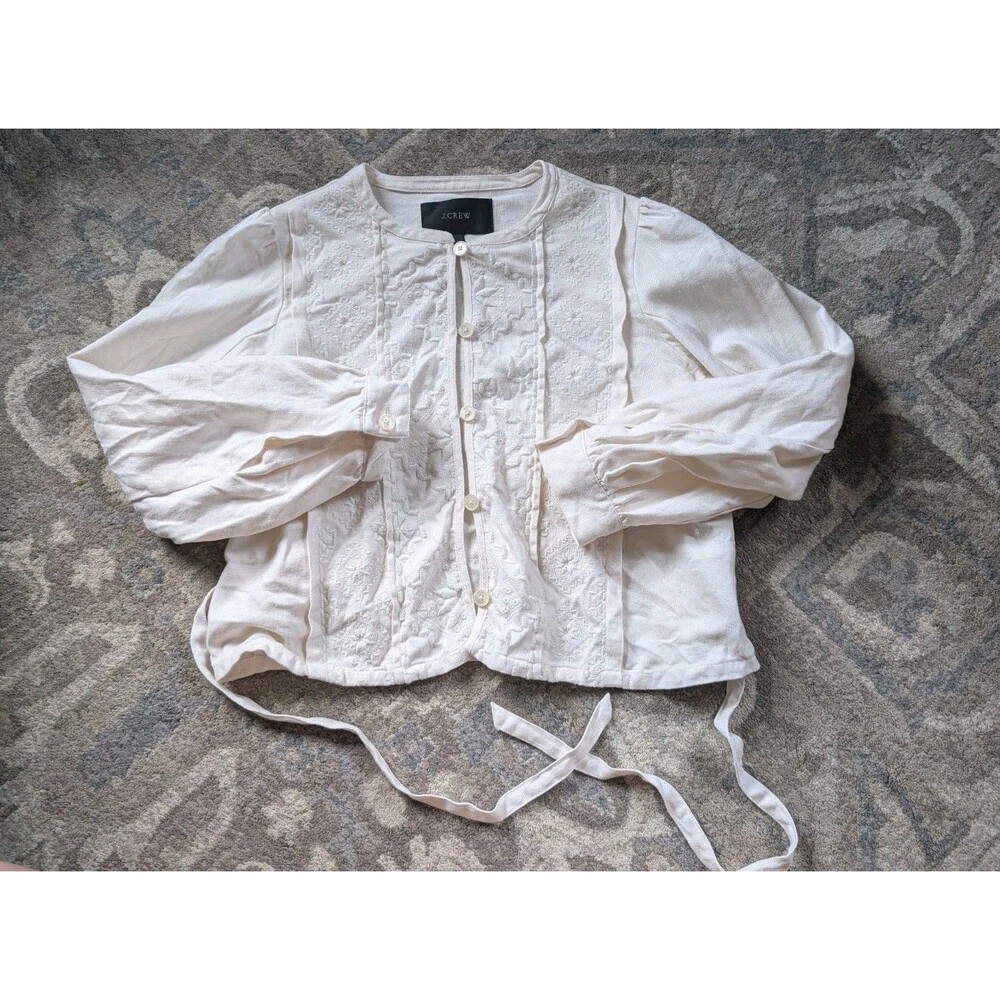 J Crew Size 12 Ivory 100% Linen Embroidered Jacket Tie Waist Cottagecore